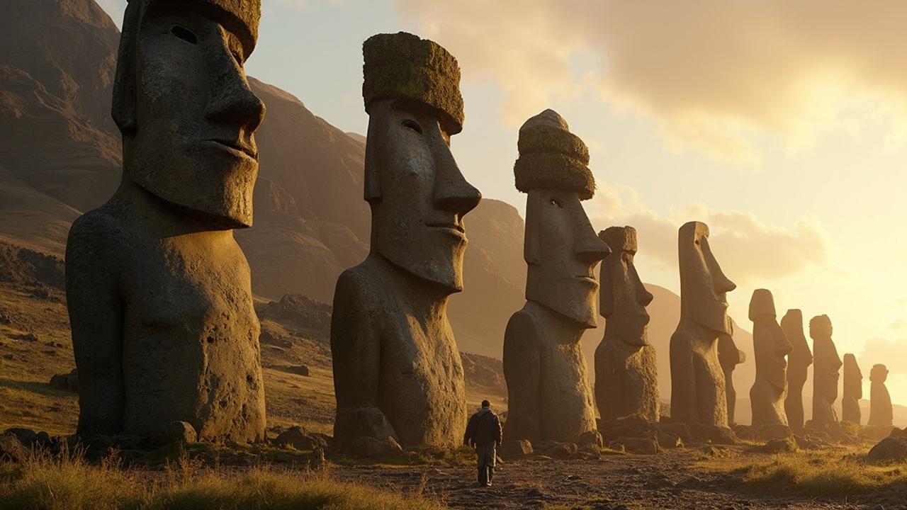 Impresionantes estatuas de piedra bajo un cielo dorado al atardecer