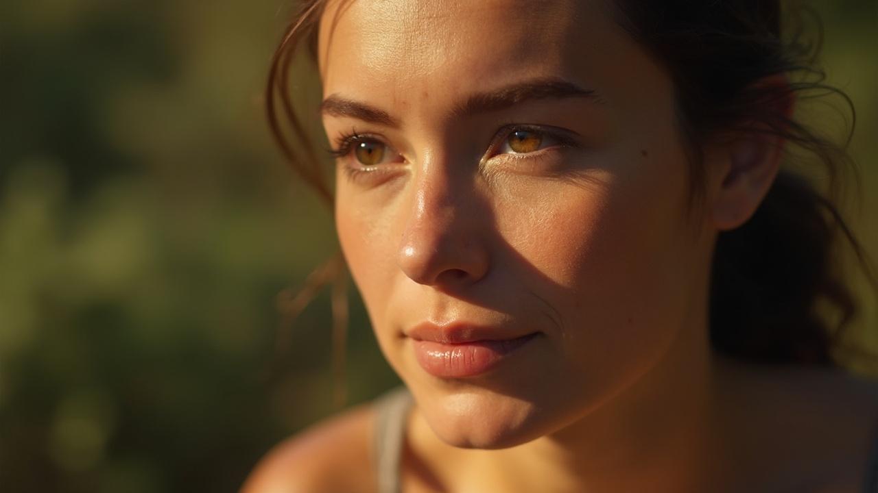 Mujer con expresión contemplativa y mirada hacia arriba