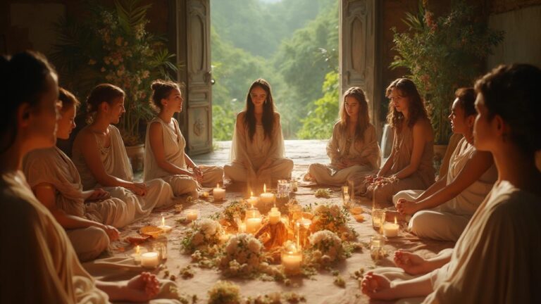 Grupo de mujeres vestidas de blanco sentadas alrededor de una ceremonia con velas y flores